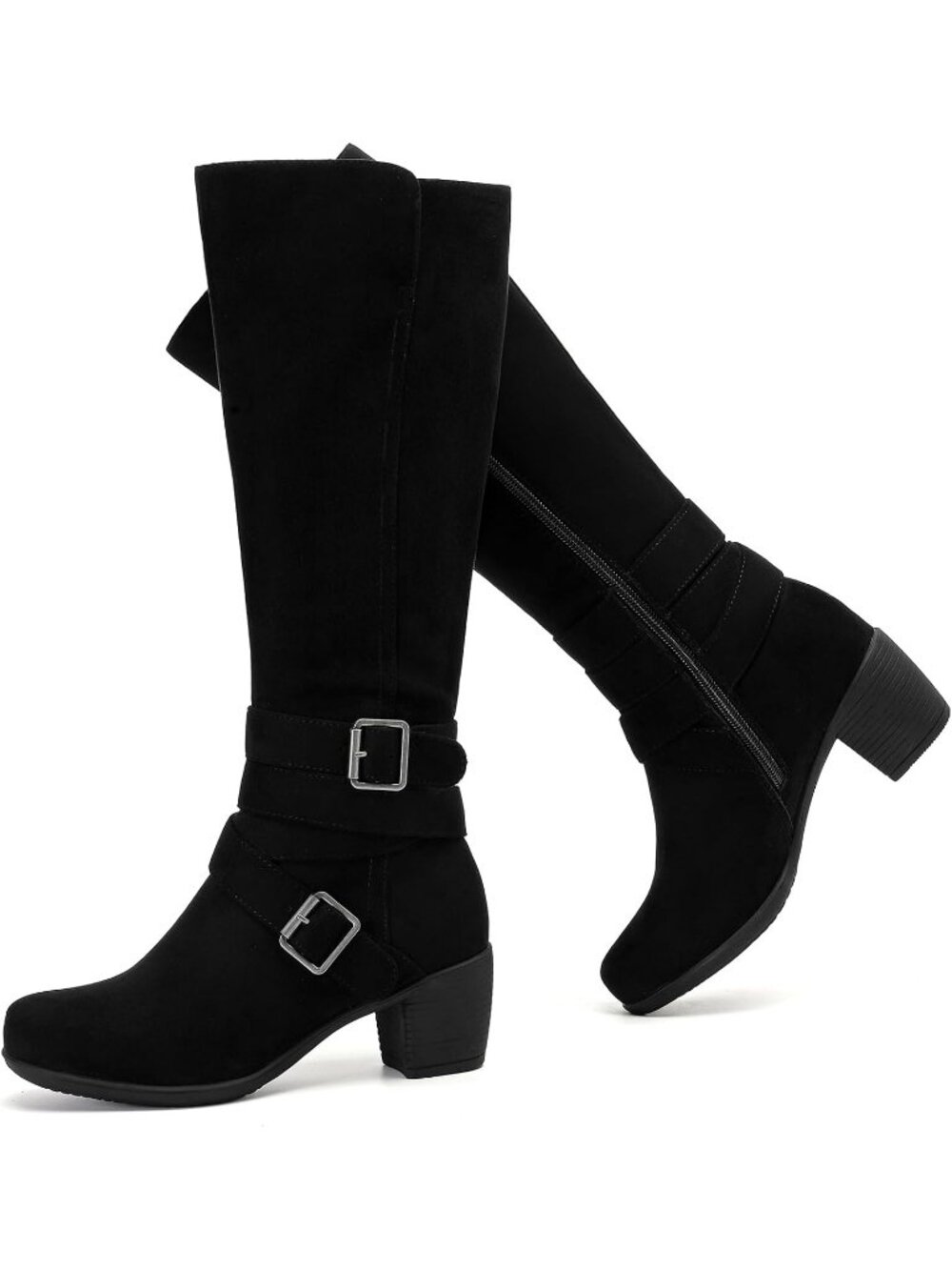 Women's Black Chunky Heel Casual Side Zipper Round Toe Comfort Knee High Boots